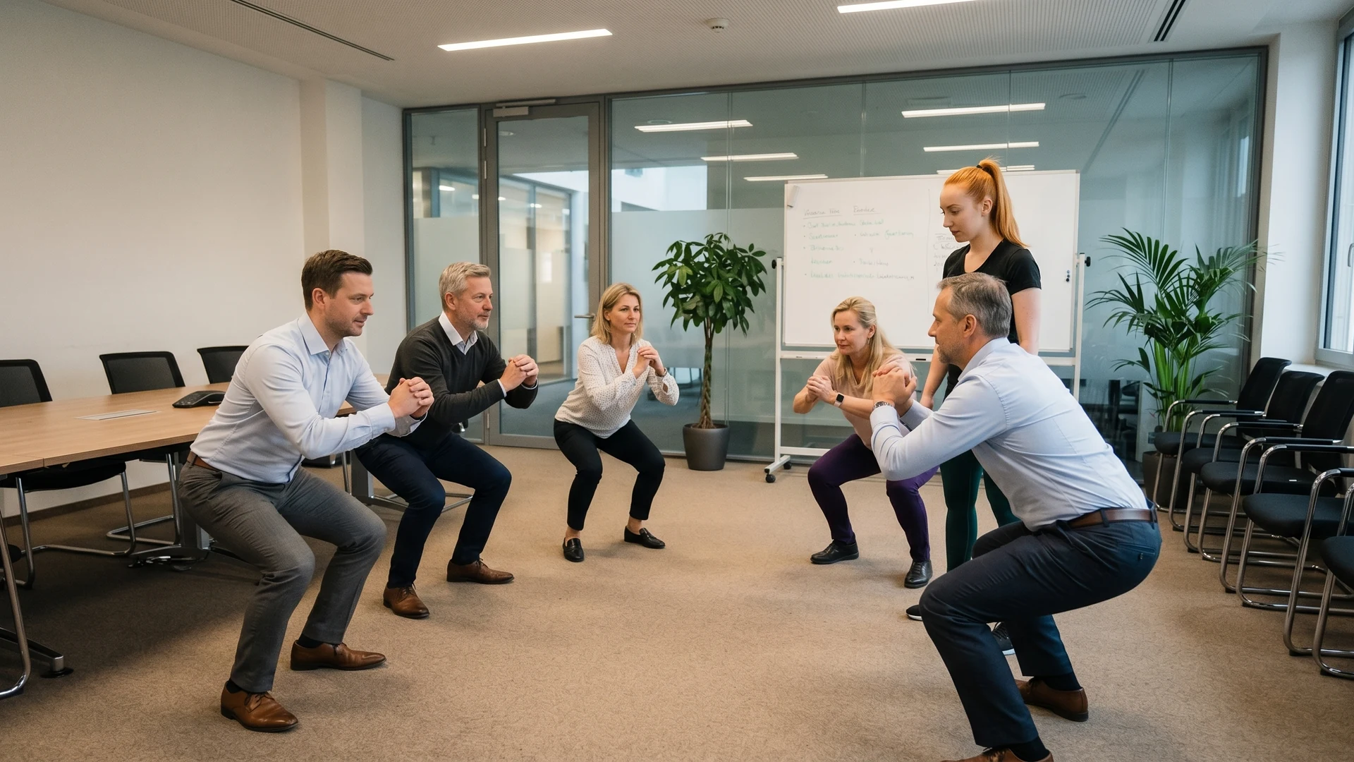Michelle Emminger leitet eine Office-Fitness-Einheit mit Kniebeugen im Besprechungsraum